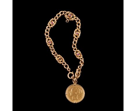 A bracelet and pendantGoldMesh set with rubies and gold 917/000 sovereign pendant dated 1871Early-20th centuryUnmarked(signs 
