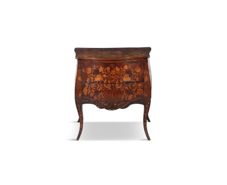 A LATE EIGHTEENTH CENTURY/ EARLY NINTEENTH CENTURY DUTCH MARQUETRY BOMBE COMMODE, profusely decorated with foliage, birds and