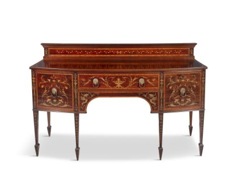 A 19TH CENTURY INLAID MAHOGANY BOWFRONT SIDEBOARD,with low raised panel back decorated with flowers and ribbon above a top cr