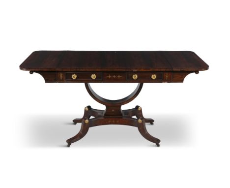 A REGENCY ROSEWOOD RECTANGULAR DOUBLE DROP LEAF SOFA TABLE, with brass stringing, fitted twin frieze drawers with brass ring 