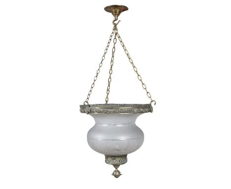A 19TH CENTURY GILTMETAL AND FROSTED GLASS CEILING LIGHT,the etched  bell shaped light contained on an embossed giltmetal rin