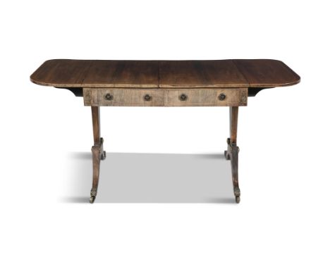 A REGENCY INLAID ROSEWOOD RECTANGULAR DOUBLE DROP LEAF SOFA TABLE,the top with boxwood stringing and fitted twin frieze drawe