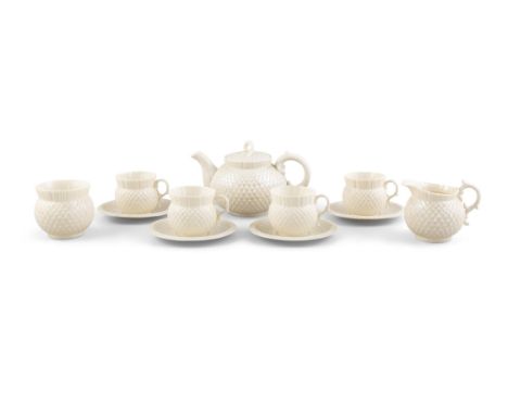 A BELLLEEK FIRST PERIOD TEA SERVICEcomprising a teapot, milk jug, sugar bowl, four cups and saucers, black mark to base.
