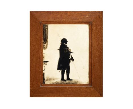 LATE 18TH / EARLY 19TH CENTURY SCHOOLA full-length silhouette portrait of a gentleman carrying a sword, a bicorn hat under hi