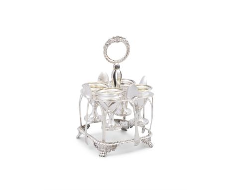 A GEORGE III SILVER EGGERY,London c.1819, mark of Joseph Angell I, the shaped square stand with central raised ring handle an