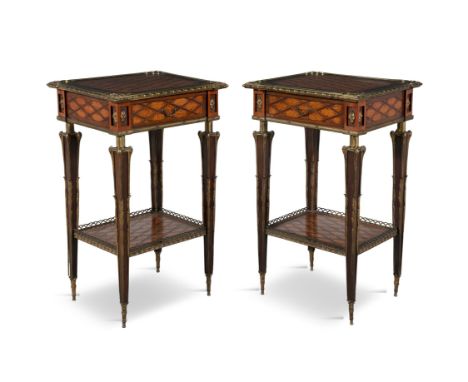 A PAIR OF 19TH CENTURY MARQUETRY RECTANGULAR SIDE TABLES,attributed to Edwards & Roberts, the inlaid latticework top within a