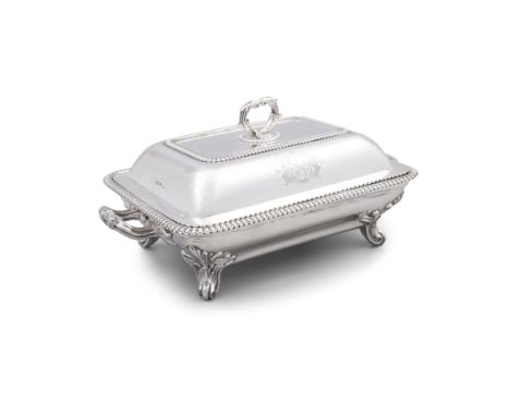 A GEORGE III SILVER HEAVY ENTRÉE DISH AND COVER,London c.1808, mark of Thomas Robins, of shaped rectangular form, with gadroo