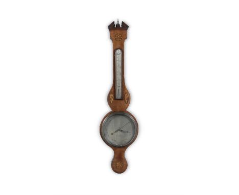 AN IRISH 19TH CENTURY INLAID MAHOGANY WHEEL BAROMETER,signed Jas. del Vecchio Dublin, with silvered dial and regestir, headed