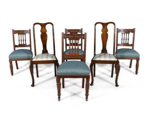 A SET OF FOUR BEECHWOOD FRAMED DINING CHAIRS, LATE 19TH CENTURY, each with rosette carved top rail above a spindle turned ope