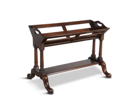 A VICTORIAN STYLE MAHOGANY RECTANGULAR 'V' BOOK TROUGH,the ends with inset handles and raised on twin double column supports 