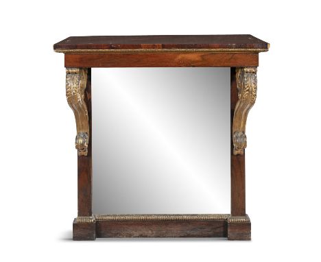 A REGENCY ROSEWOOD AND GILTWOOD CONSOLE TABLE, the rectangular top supported by twin scrolls, with mirror back on breakfront 