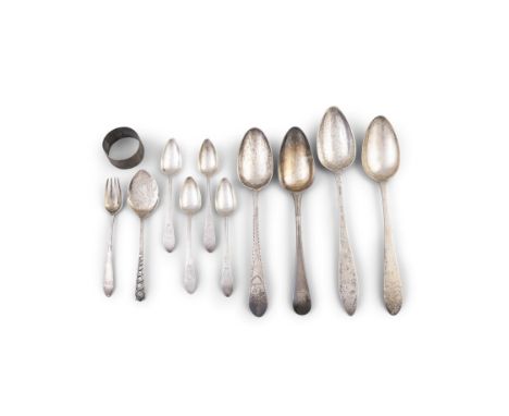 A MISCELLEANEOUS COLLECTION OF SILVER TABLEWAREcomprising four large spoons, one fish slice, one napkin holder, one dessert f