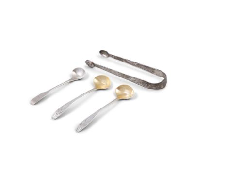 A VARIETY OF PROVINCIAL IRISH SILVER SALT SPOONS AND SUGAR NIPSthe spoons Cork c.1790, mark of Carden Terry (1.97 troy ozs al