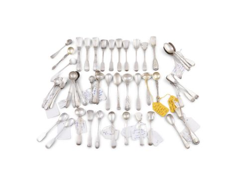 A LARGE ECLECTIC COLLECTION OF IRISH SILVER SALT AND CONDIMENT SPOONS, 18th and 19th Century, of varying shapes and sizes, ma