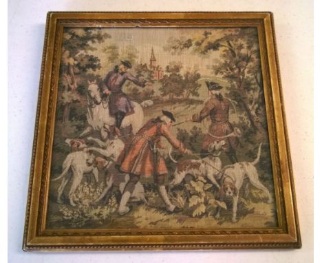 Small vintage needlework tapestry of an 18th century hunting scene. 23 x 23cm F&G