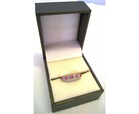 Ladies 9ct gold diamond and ruby half eternity ring, set with 5 rubies and 8 small diamonds. Size P weight approx 1.5g