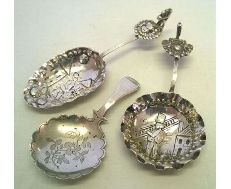 A Georgian silver tea caddy spoon London 1779 by Edward Fernell with 2 continental sterling silver spoons with London 1897 ha