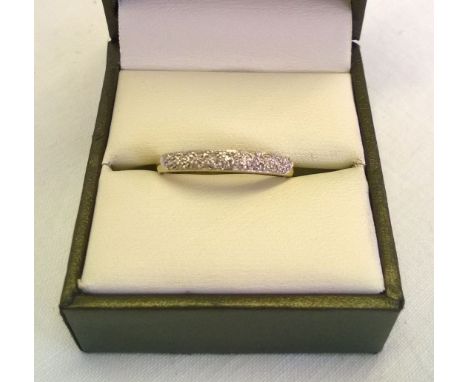 A 9ct gold ring set with approx 20 tiny diamonds, Size R, approx 1.4g.