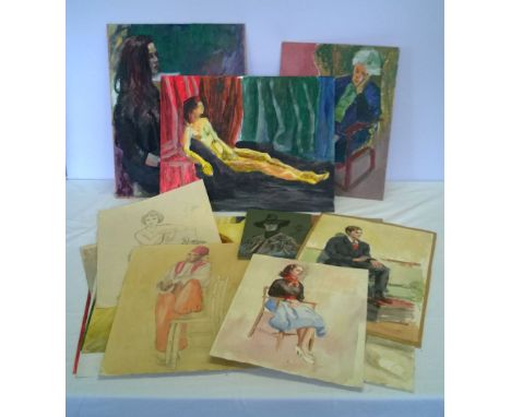 A collection of 19 unframed portrait paintings to include a 1968 watercolour of a suited young man, nudes, oils on board & ca