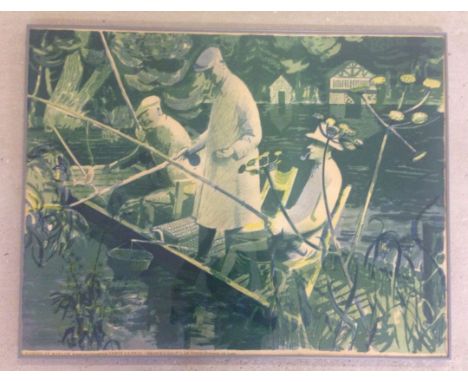 An Edwin La Dell lithograph 'Fishing at Marlow' published by J Lyons & Co. 77 x 99cm. Framed and glazed