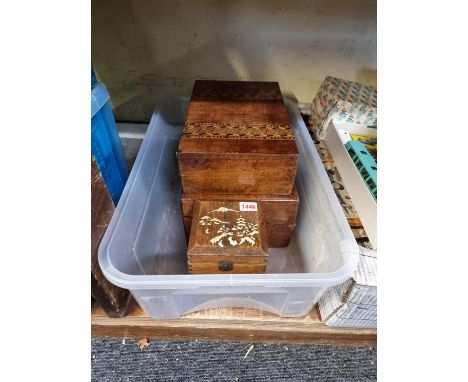 Two Victorian walnut and parquetry writing slopes,&nbsp;largest 35cm wide; together with a Japanese oak and bone tea caddy. (