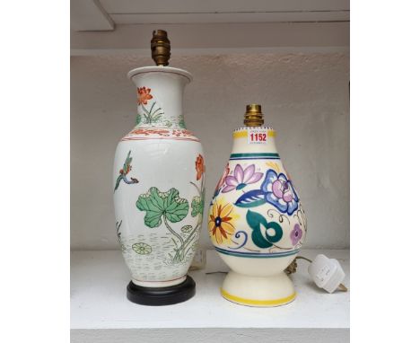 A Poole pottery table lamp, total height 28.5cm; together with a Chinese famille verte table lamp, total height 41cm. (2) 