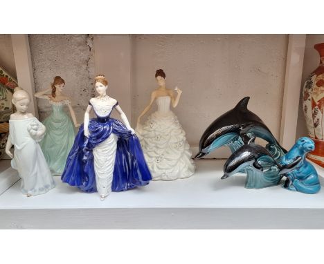 Two Coalport limited edition porcelain figures; together with a Royal Staffordshire figure; three Poole animals; and a Nao fi