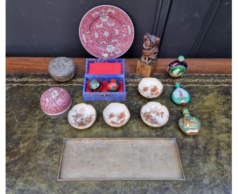 A mixed group of Oriental items, to include a&nbsp; soapstone seal and enamel snuff bottles. 