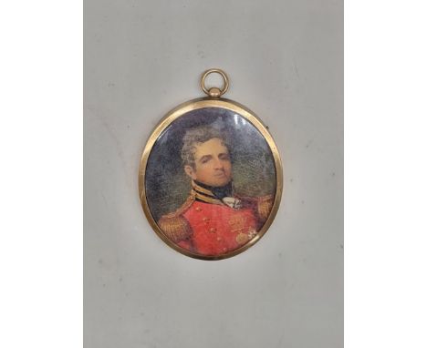 British School, early 19th century,&nbsp;bust length portrait miniature of a officer in a scarlet tunic, oil on card, 7 x 5.7