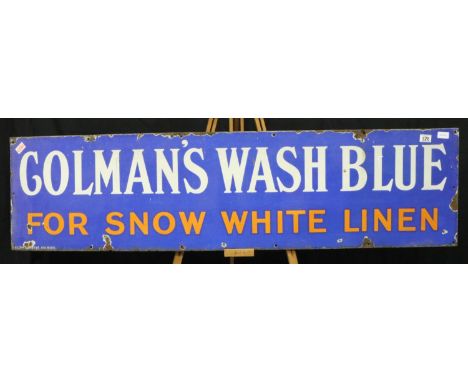 Authentic vintage metal and enamel advertising sign Colmans wash blue, 40 x 158 cm. In fair to good condition, some edge rust