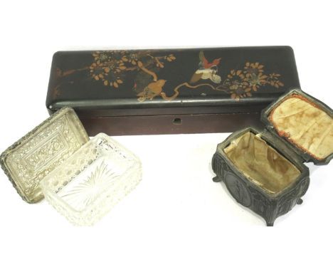 Antique cast metal ring casket, papier mache glove box and another glass box (3). P&amp;P Group 2 (£18+VAT for the first lot 