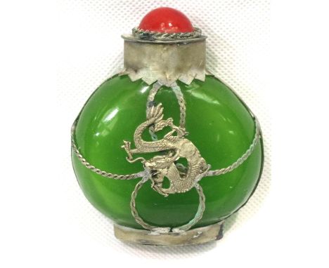 Chinese green jade bottle with white metal dragon decoration, H: 75 mm. P&amp;P Group 1 (£14+VAT for the first lot and £1+VAT