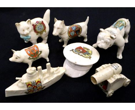 Seven Crested Ware items; animals and military. P&amp;P Group 2 (£18+VAT for the first lot and £3+VAT for subsequent lots) 