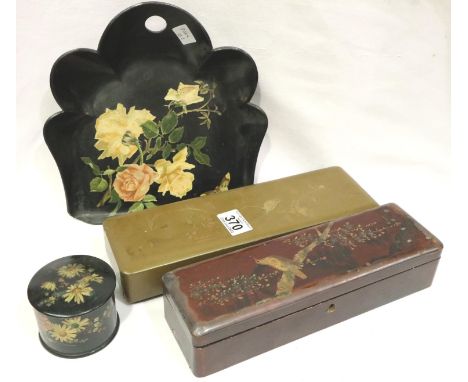 Papier mache items: two glove boxes, table dustpan and a lidded pot. P&amp;P Group 3 (£25+VAT for the first lot and £5+VAT fo