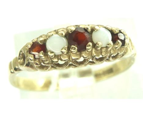9ct gold ring set with opals and rubies, size K, 1.4g. P&amp;P Group 1 (£14+VAT for the first lot and £1+VAT for subsequent l