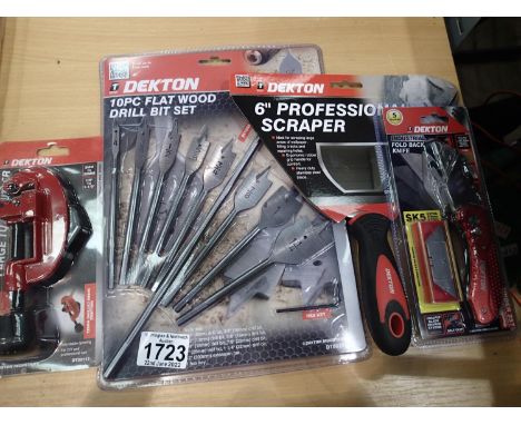 New and unused tools including fold back knife, 6 inch scraper, tube cutter and drill bits. P&amp;P Group 1 (£14+VAT for the 