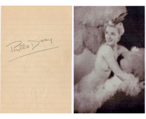 Phyllis Dixey signed 6x4 page and vintage black and white photo. Good condition. All autographs come with a Certificate of Au