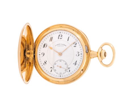 A. LANGE & SÖHNE Savonette Taschenuhr  ca. 1912-1915. Gelbgold 18K inkl. Staubdeckel. Gehäusenummer 64423. Vergoldetes Handau