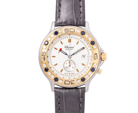CHOPARD Mille Miglia Chronograph Ref. 8175 Damen Armbanduhr. Edelstahl mit 18K Gelbgoldlünette. Lünette mit 16 Brillanten und