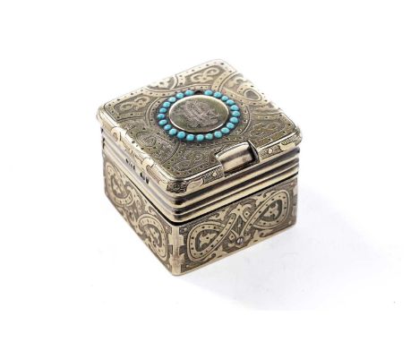 A Victorian silver gilt travelling inkwell, of cuboid form engraved all over with formal scroll work against a matt ground, t