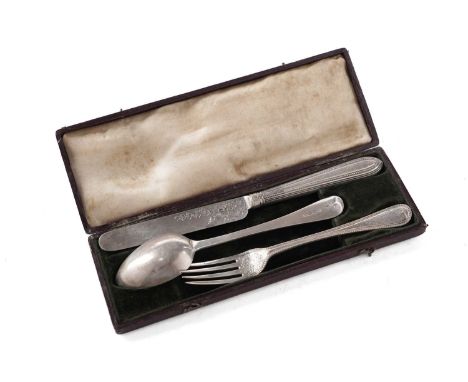 A Victorian silver Christening knife, fork and spoon with engraved and beaded decoration, initialled by George Adams, London 