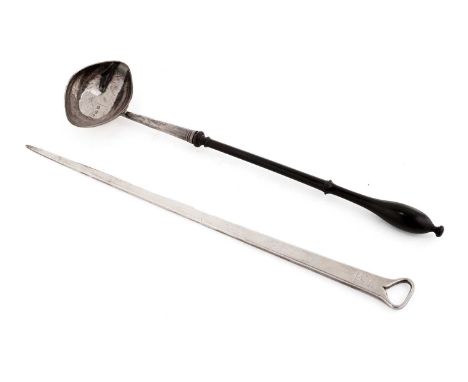 A George II silver punch ladle, with a turned wooden handle, and a navette-shaped bowl, scratched ‘S’ over ‘TI’ over ‘1740’ u