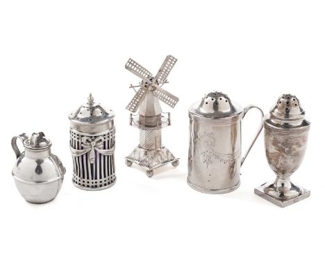 A late Victorian silver novelty pepperette in the form of a ‘Jersey can’, by Joseph Cook and Son, Birmingham 1898; together w