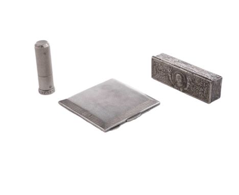 An Elizabeth II silver lipstick holder, engine-turned with slide action, maker’s mark unclear, London 1956; a square silver p