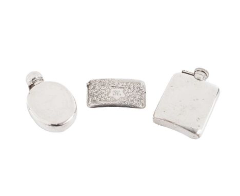 A George V engraved silver card case, initialled by Robert Chandler, Birmingham 1919; a small rectangular silver spirit flask