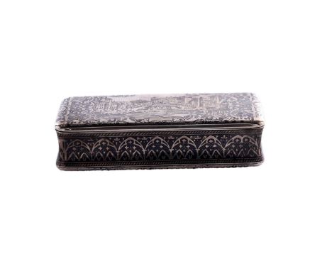 A mid-19th century French silver and niello-work snuff box, rectangular with concaved sides, the cover with a central archite