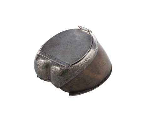 A Victorian provincial silver mounted horses hoof inkwell, crested and inscribed inside the cover ‘BOUNCE DIED APRIL 29TH 185