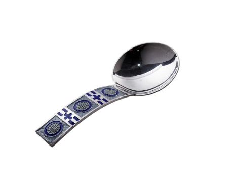 A Norwegian silver caddy spoon with a plain round bowl and champlevé enamelled decoration in pale and royal blue up the handl