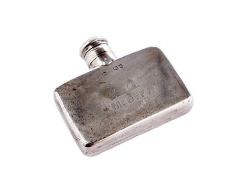 A Victorian small silver spirit flask with a plain rectangular body and a hinged, twist-open cover, engraved on the front wit
