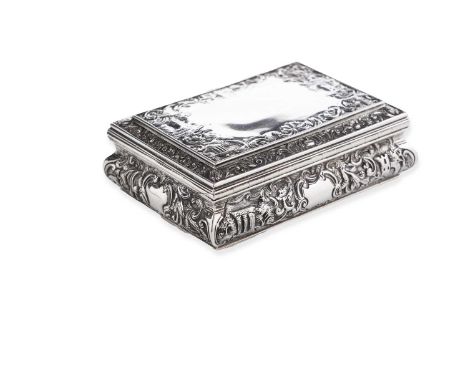 A William IV Scottish silver snuff box with chased convex sides, and chased borders around the cover of architecture, flowers